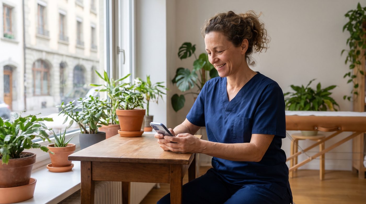 Une physiothérapeute genevoise consulte son téléphone entre deux rendez-vous, dans son cabinet.