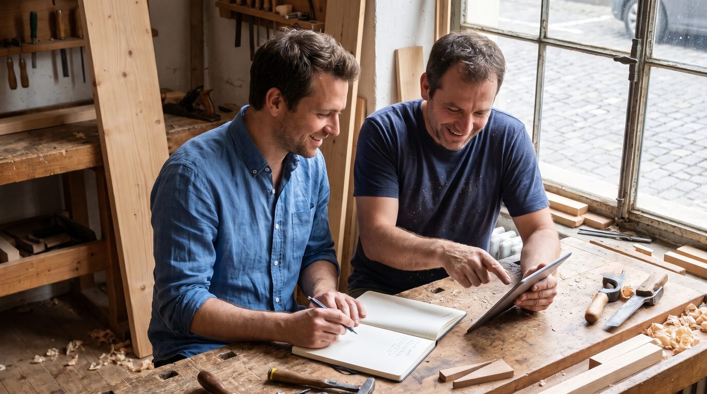 Menuisier genevois et consultant devant une tablette dans l'atelier.